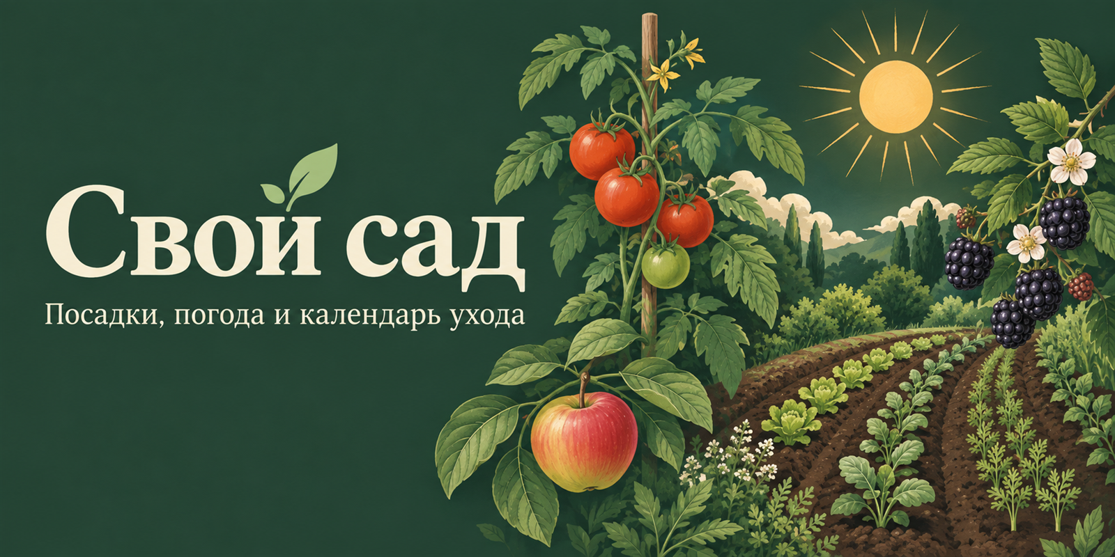 Свой сад — посадки, погода и календарь ухода. Иллюстрация огорода, томатов, яблок и ежевики.